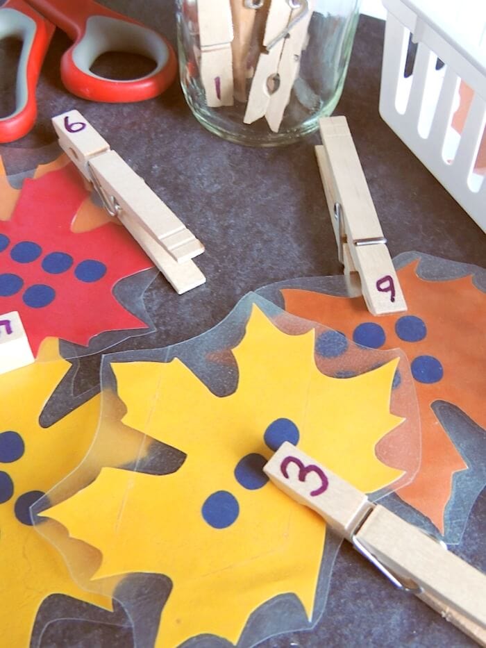 Fall number matching game for kids with clothespins