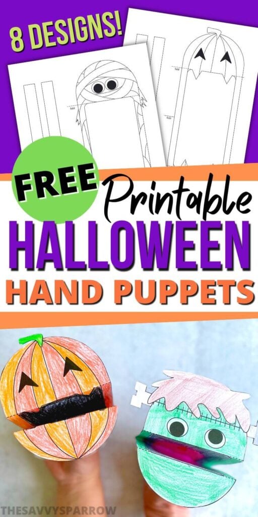 free printable Halloween hand puppets collage of finished craft and templates