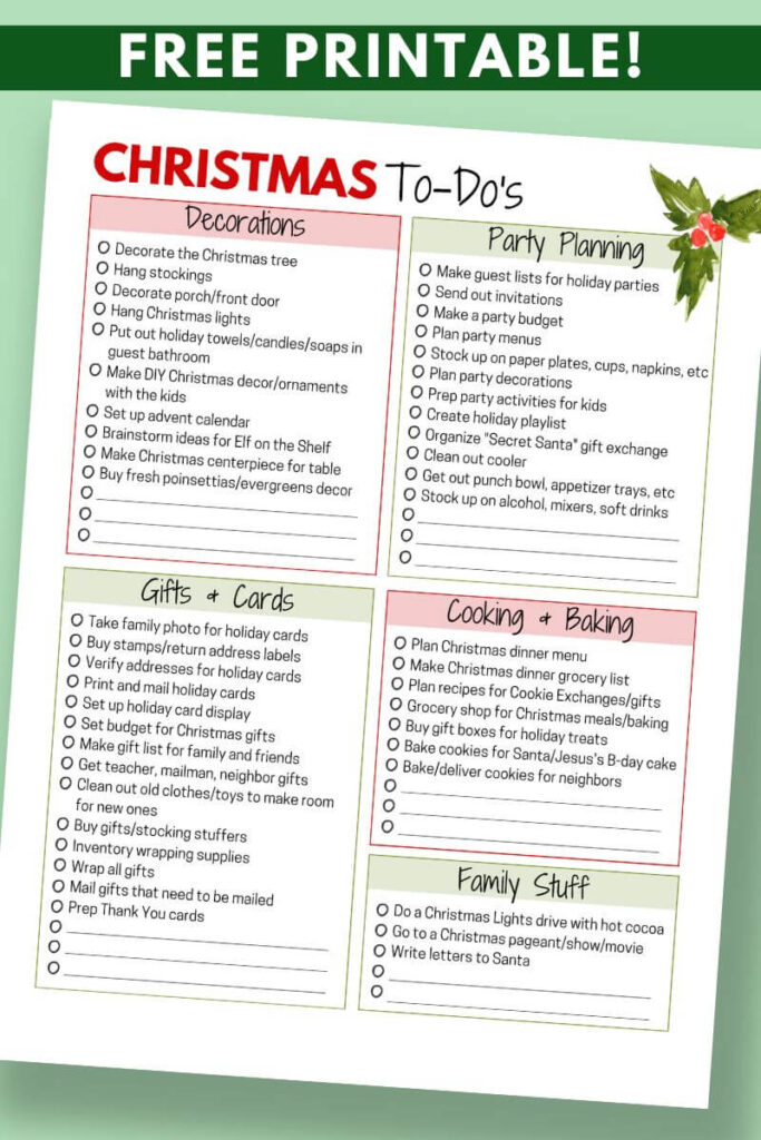 free printable Christmas to do list by category