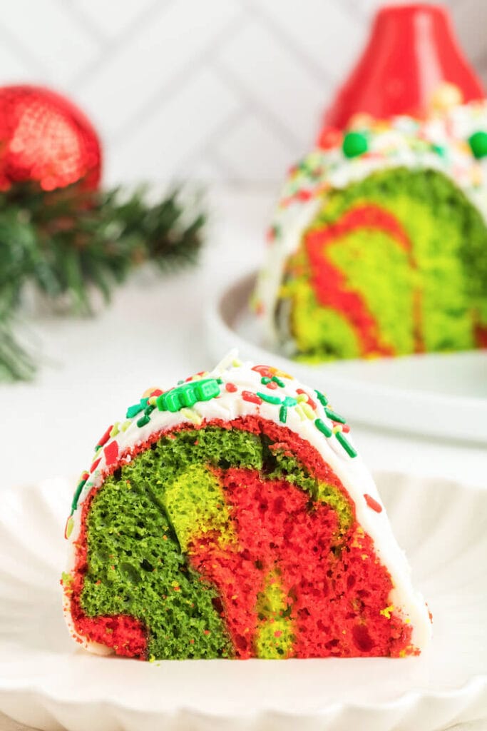 slice of red and green holiday bundt cake