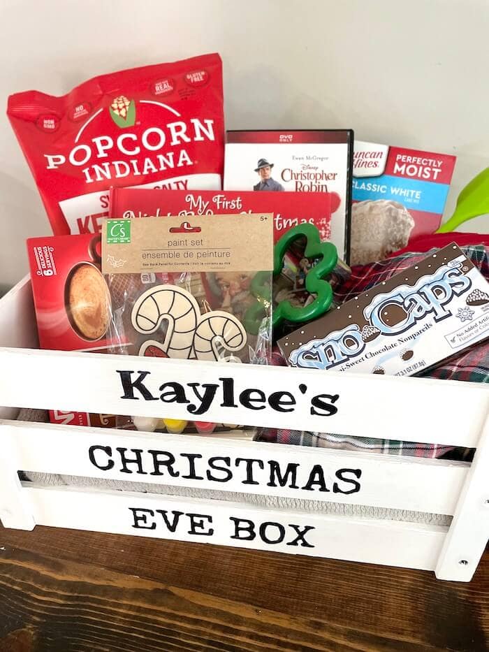 Christmas eve box fillers in a wooden crate