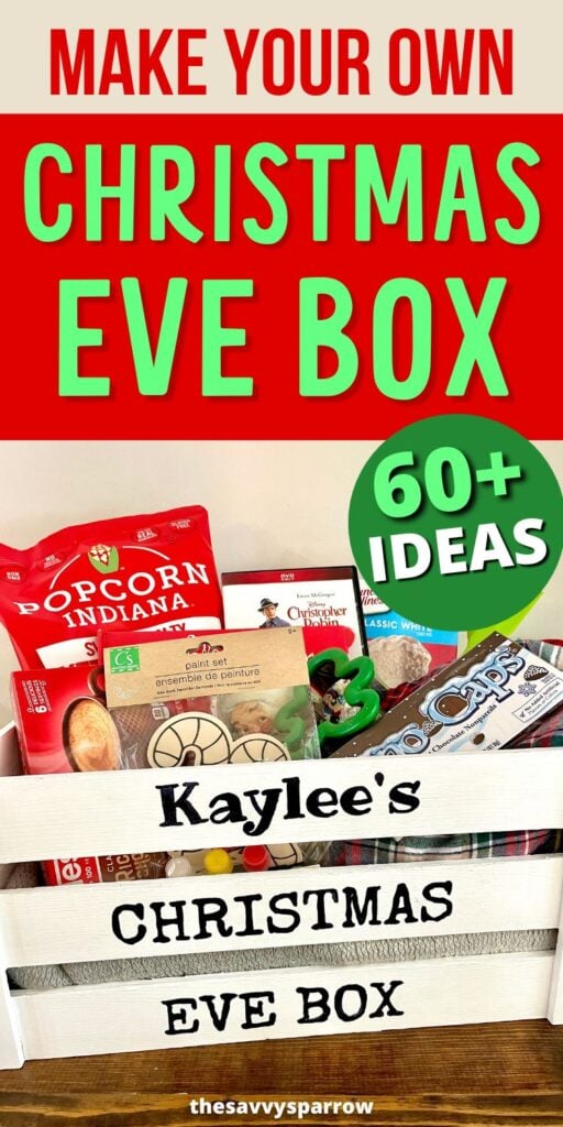Christmas eve box with holiday themed gifts inside