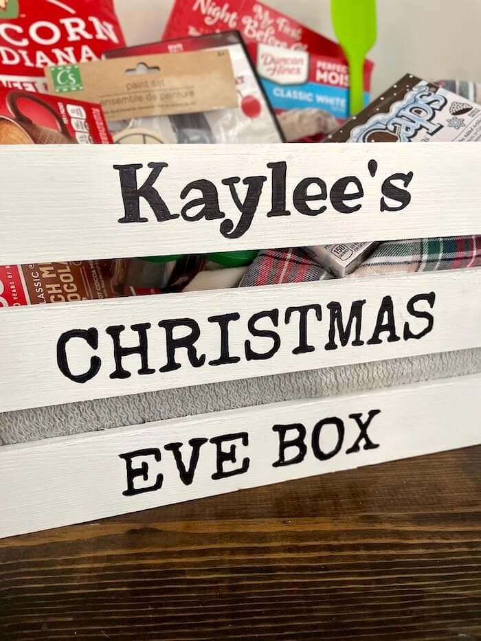 wooden Christmas Eve crate personalized with a girl's name