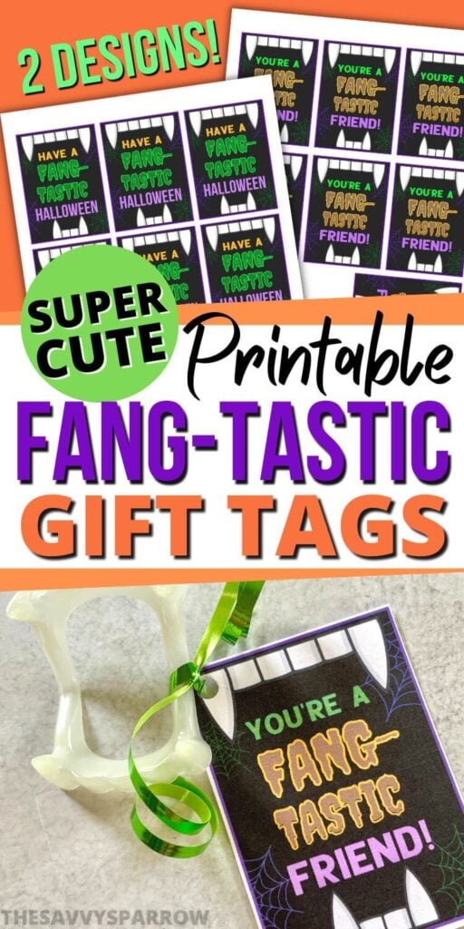 collage of printable fang tastic gift tags for Halloween gifts