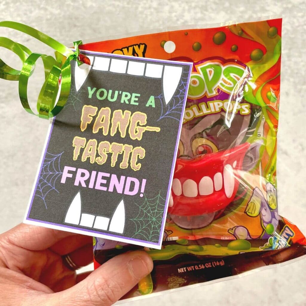 Halloween gifts for kids with printable tag that says you're a fang tastic friend