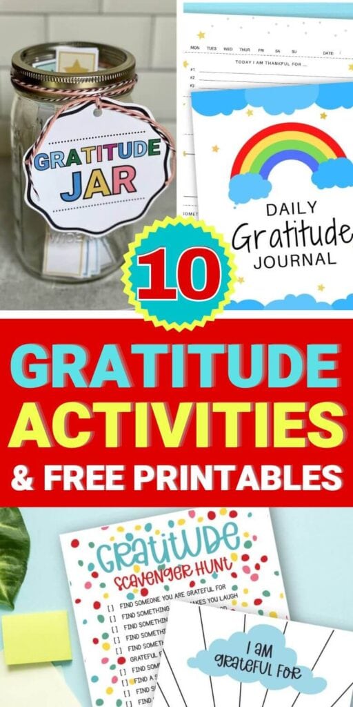 collage of gratitude activities for kids with printable gratitude worksheets