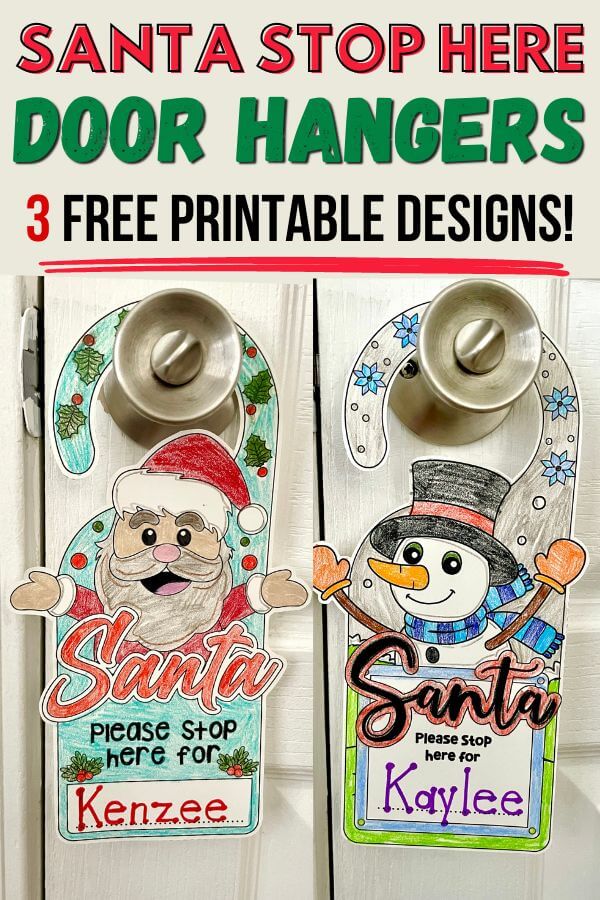 Santa stop here door hanger printables for kids to color