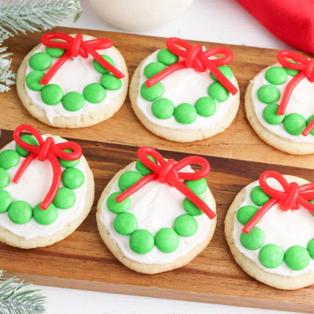 Christmas wreath sugar cookies made with m&m's