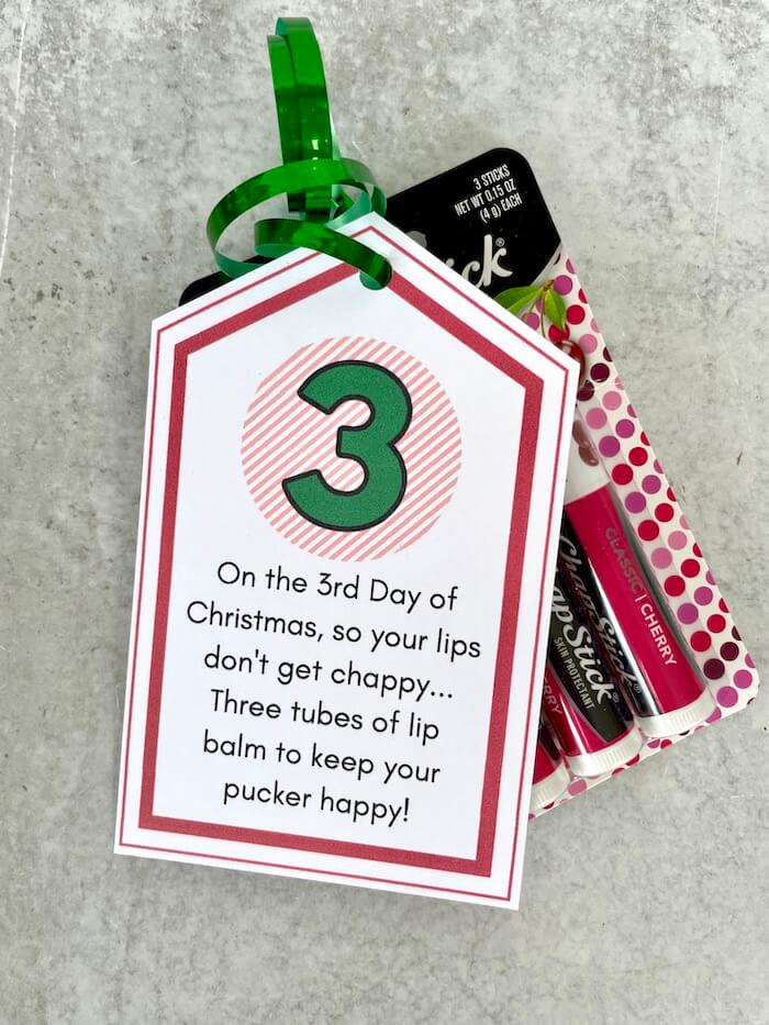 number 3 printable gift tag on a pack of lip balm