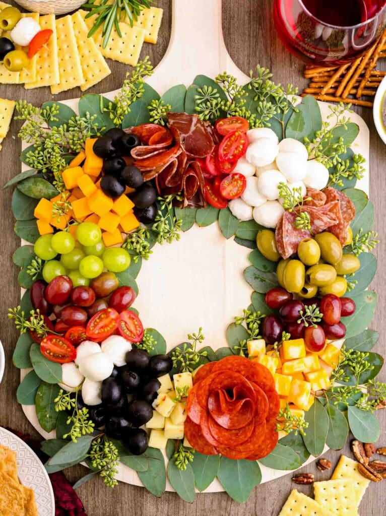 Christmas wreath shaped charcuterie board