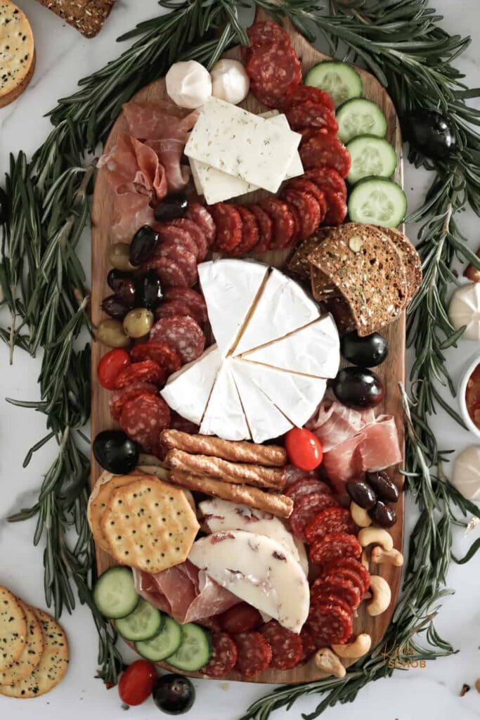 charcuterie board with meats and cheeses