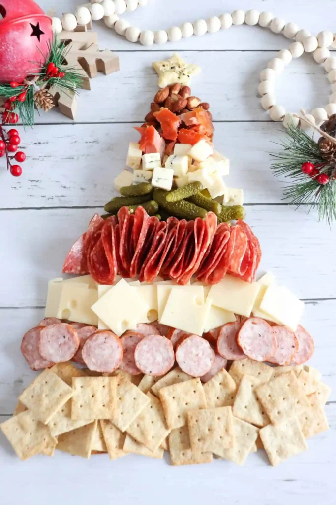Christmas tree charcuterie board with meats and cheeses