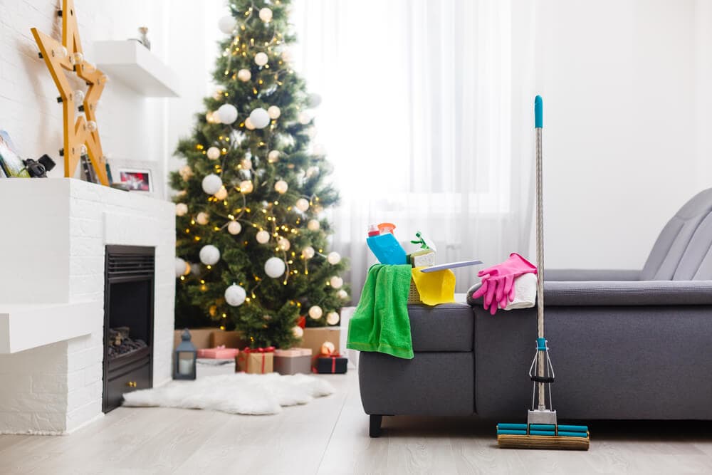 Christmas tree and cleaning supplies