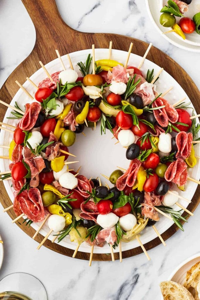 antipasto skewers in a wreath shape