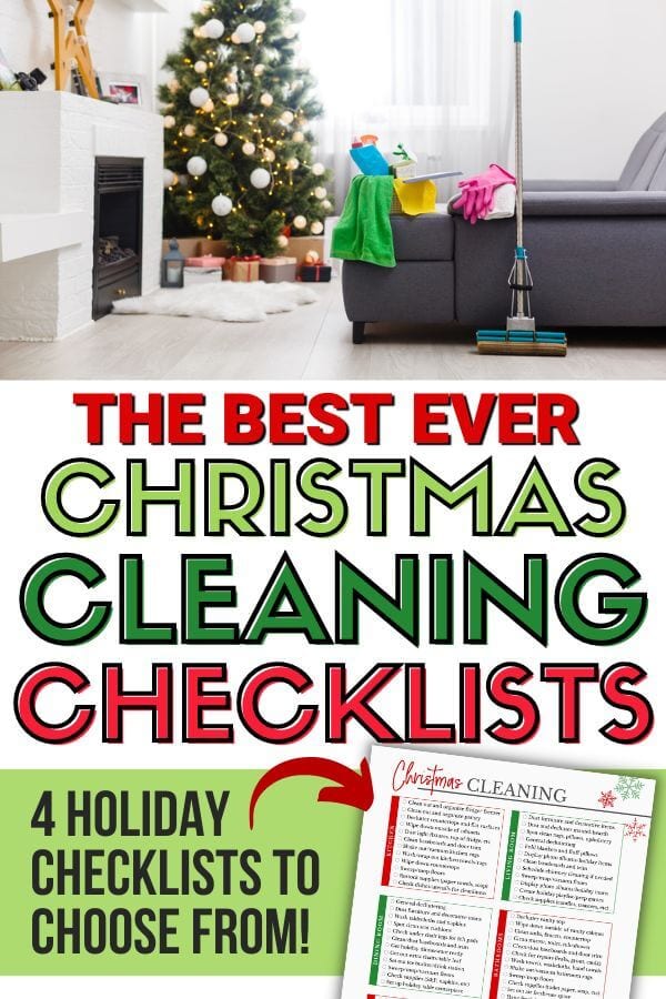 Christmas cleaning checklist and a living room with cleaning supplies