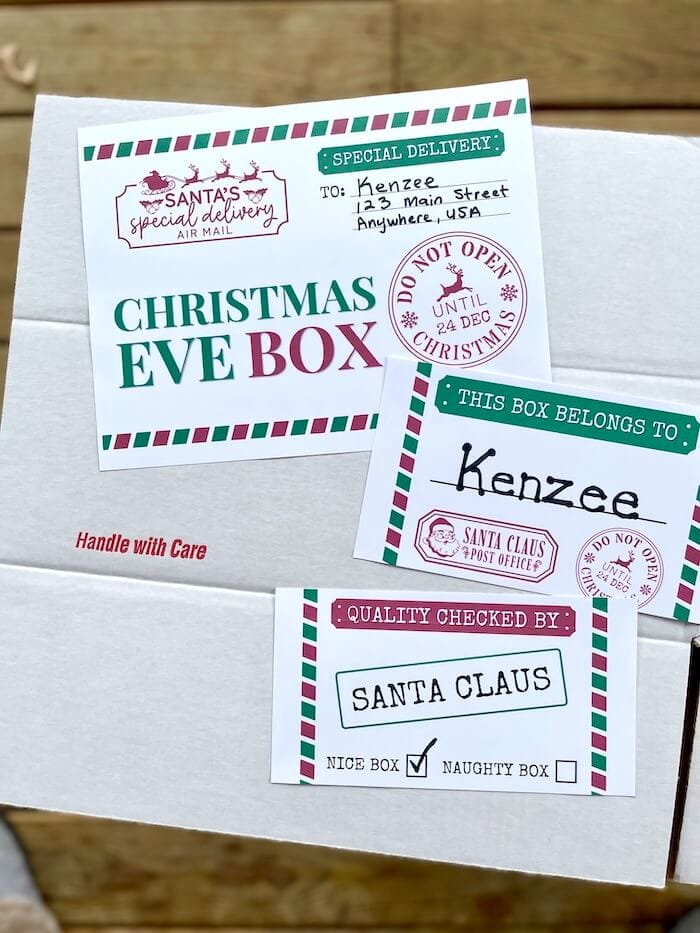 free printable Christmas eve box labels and a white cardboard box