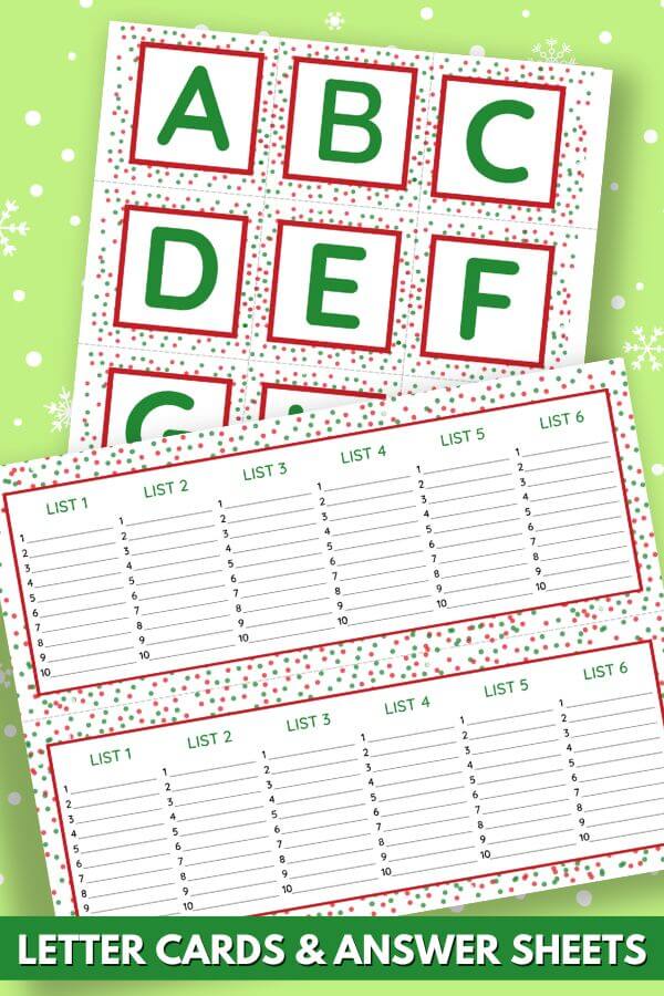 printable letter cards and blank lists for scattergories game
