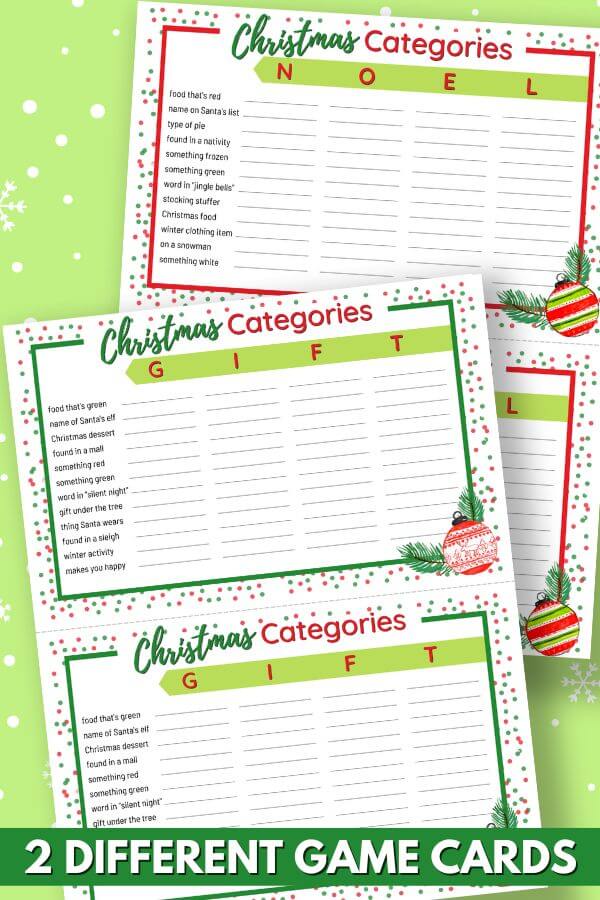 two Christmas scattergories game cards