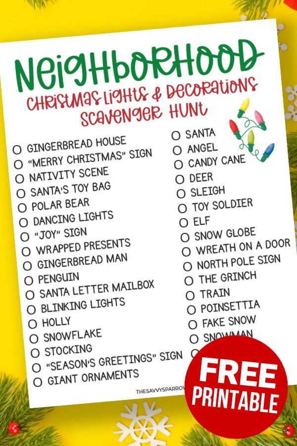 neighborhood Christmas scavenger hunt printable list