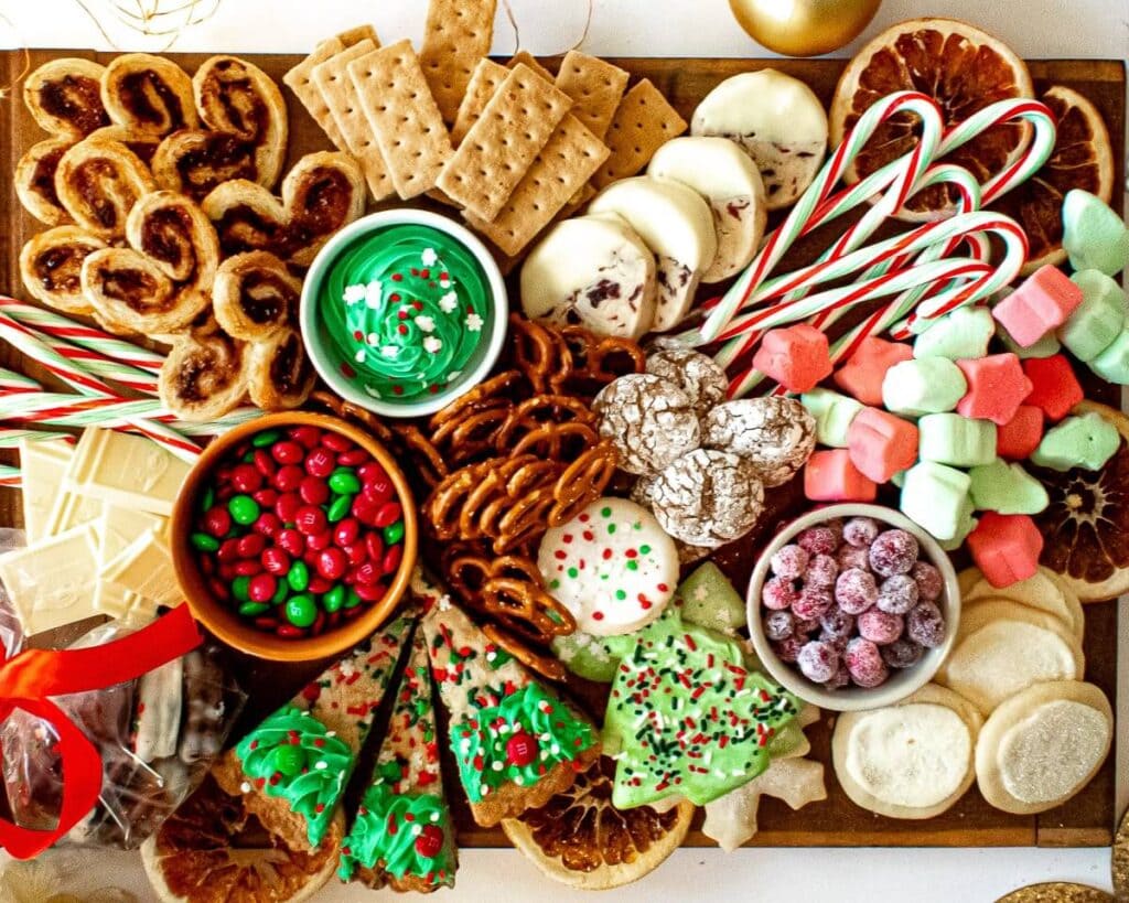 dessert charcuterie board with Christmas treats