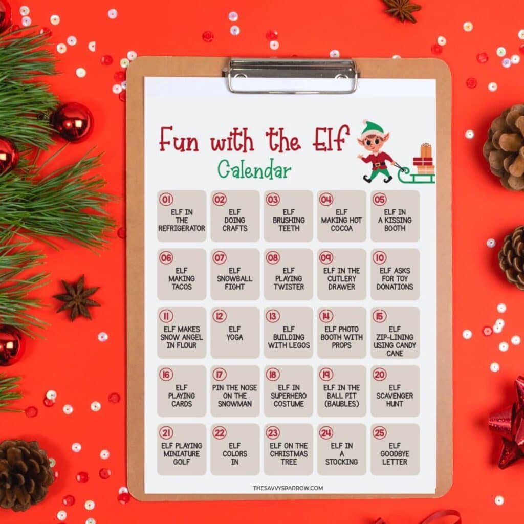 Elf on the Shelf calendar on a clipboard