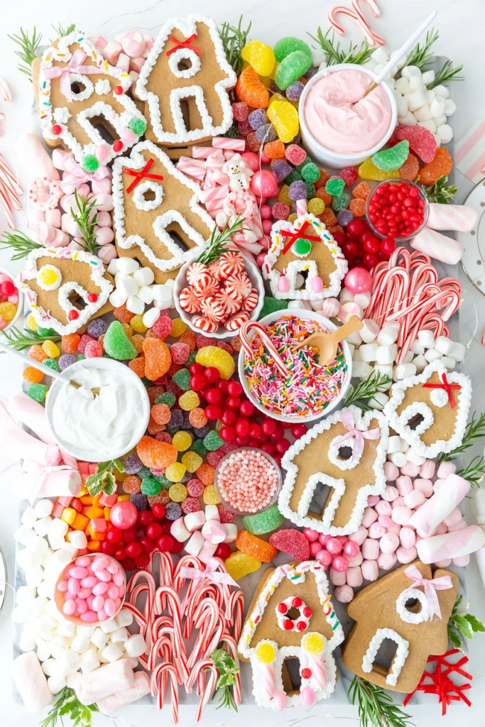 dessert board with ingredients to make gingerbread houses