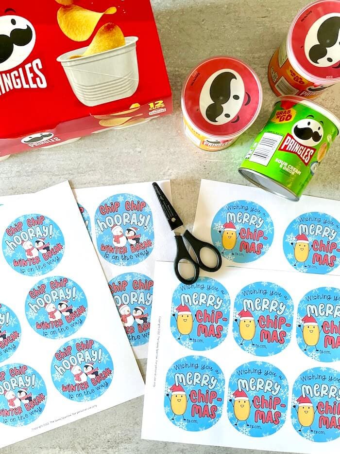 Pringles chip gift tags printed on card stock and packs of chips