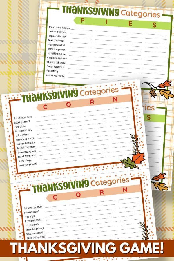 printable Thanksgiving scattergories game cards