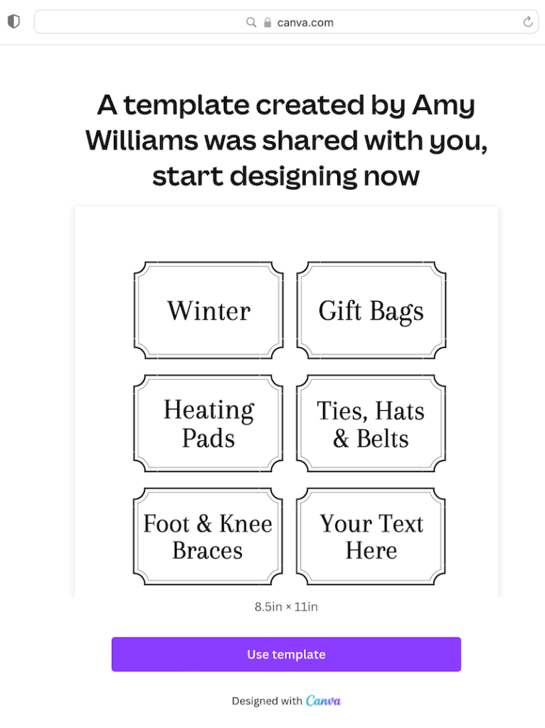 screen shot of storage bin labels template