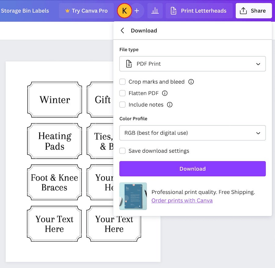 screen shot of how to download storage bin labels