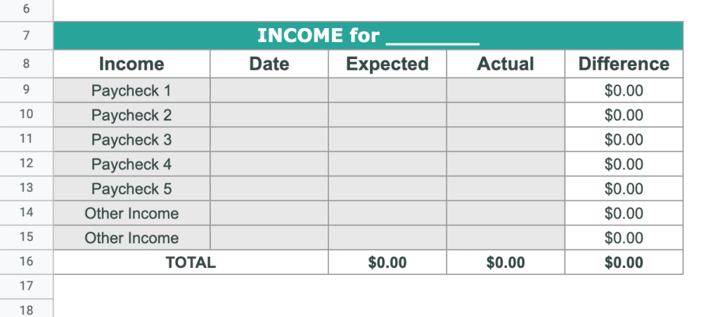 screen shot of income table for money tracker spreadsheet