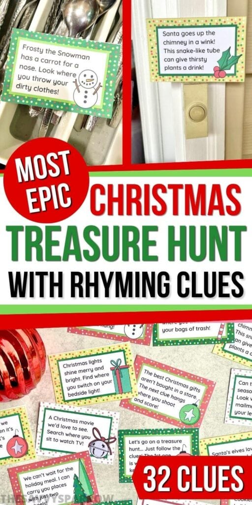 collage of Christmas treasure hunt with rhyming clues