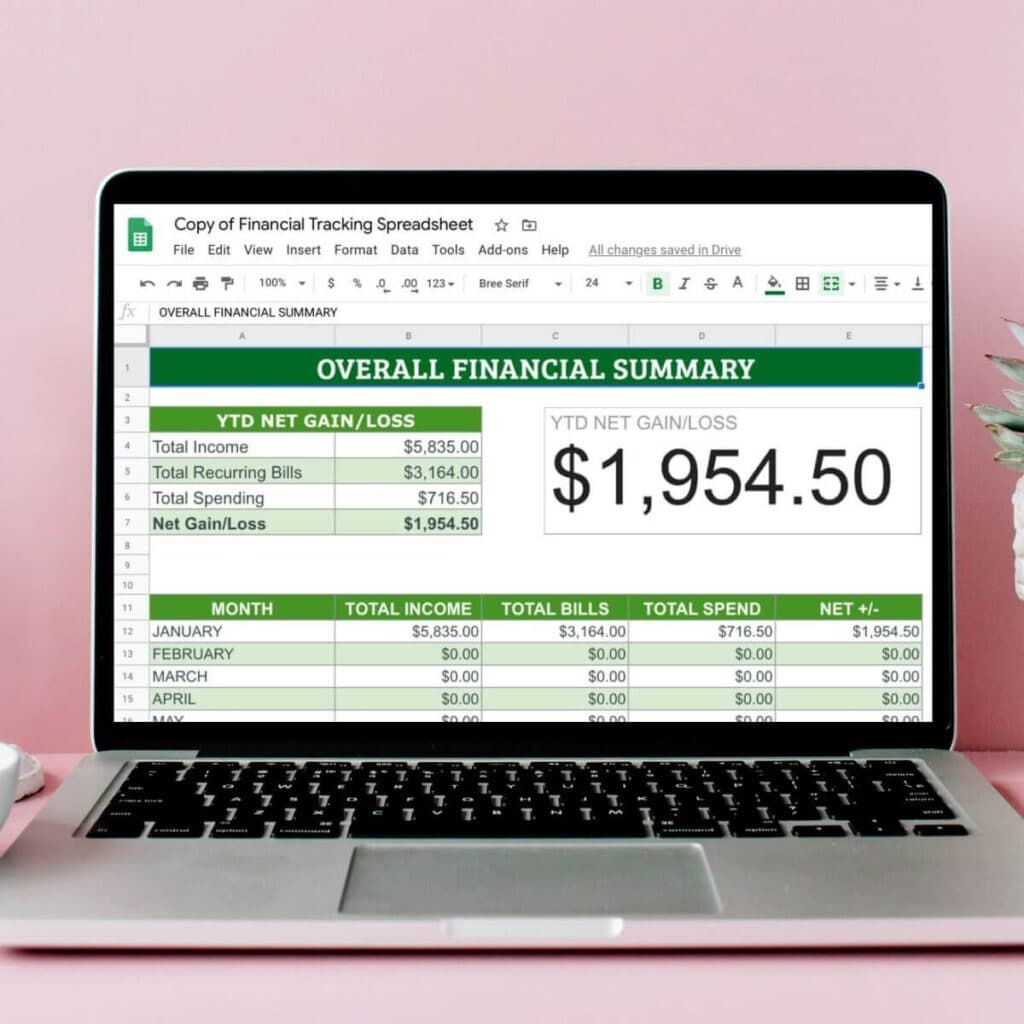 google sheets personal expense tracker spreadsheet on a laptop