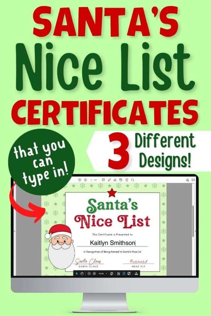 santa's nice list certificate on a computer screen