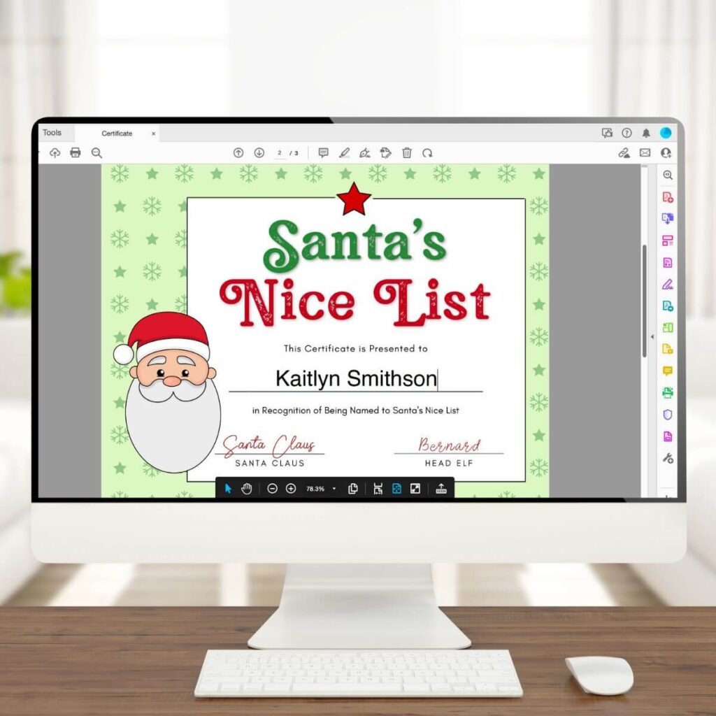 Santa's nice list certificate on a computer screen