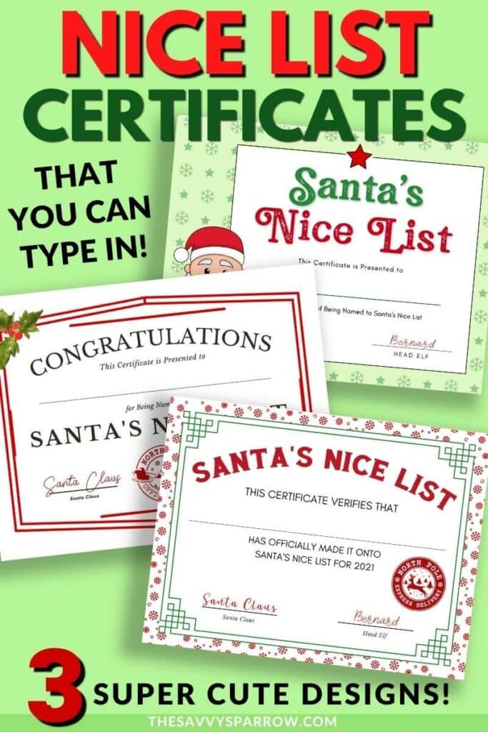 3 different nice list certificates that you can personalize 
