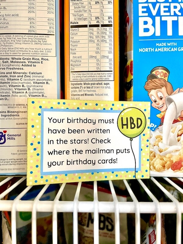 a printable scavenger hunt clue next to cereal boxes