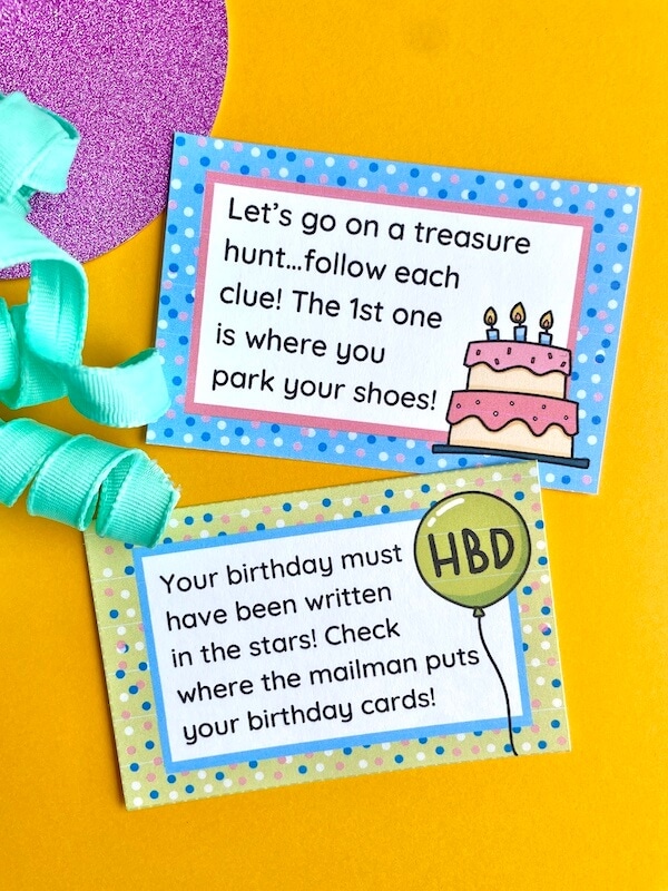 two rhyming birthday scavenger hunt clues for kids