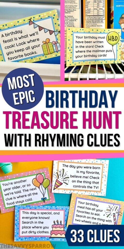 collage of birthday treasure hunt clues for kids