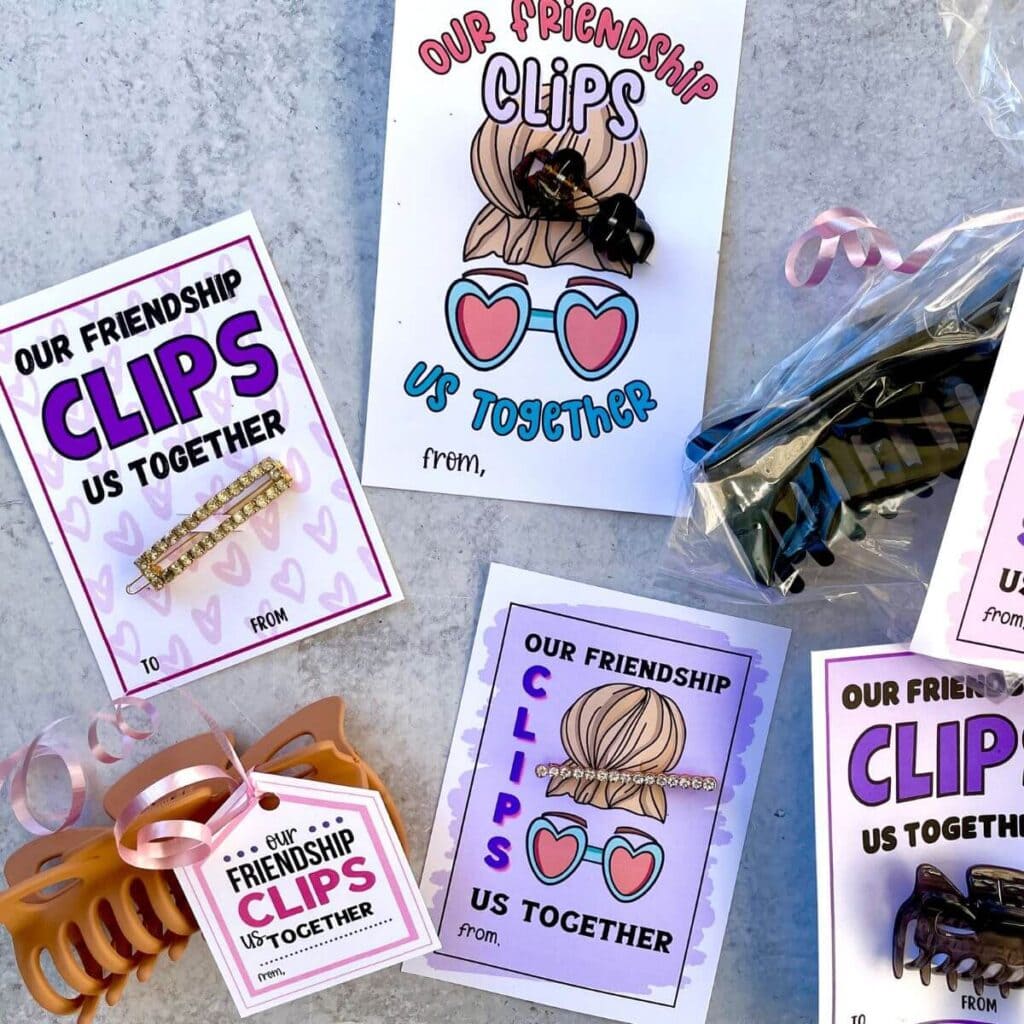 printable valentines cards with hair clips, claw clips, and barrettes 