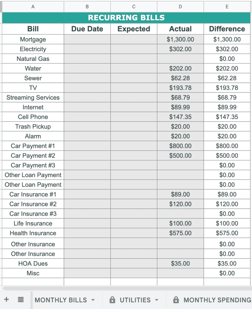 monthly bills tracker table on a spreadsheet