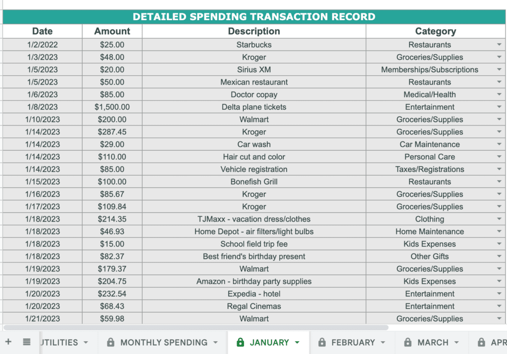 daily spending transactions entered in a spreadsheet tracker