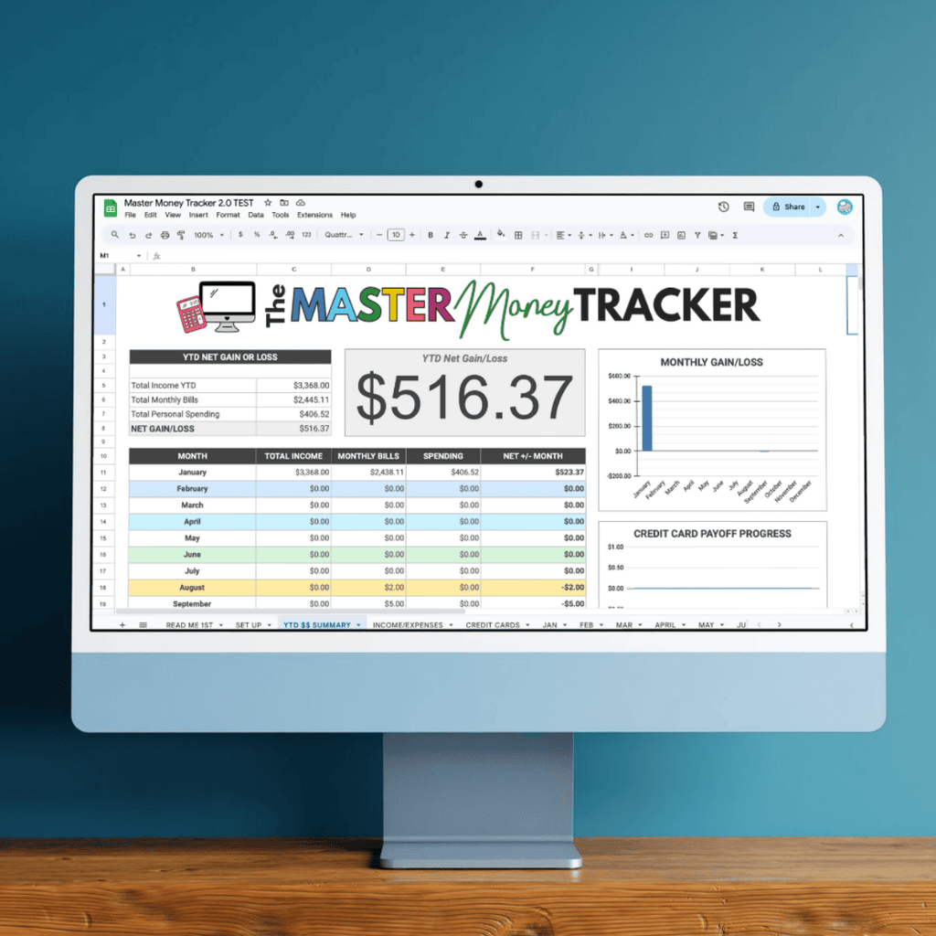 The Master Money Tracker budget spreadsheet for keeping track of income and expenses