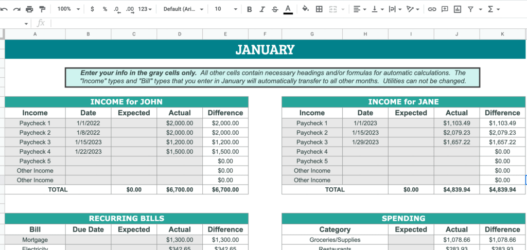 income table in a money tracker spreadsheet