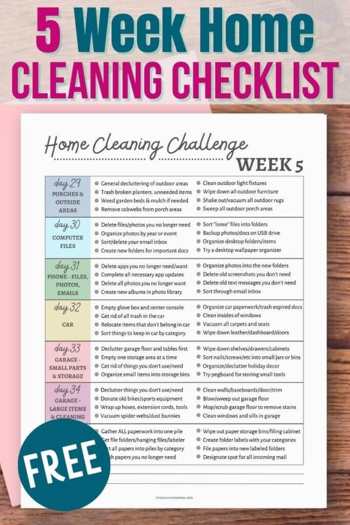 free printable 5 week home cleaning checklist