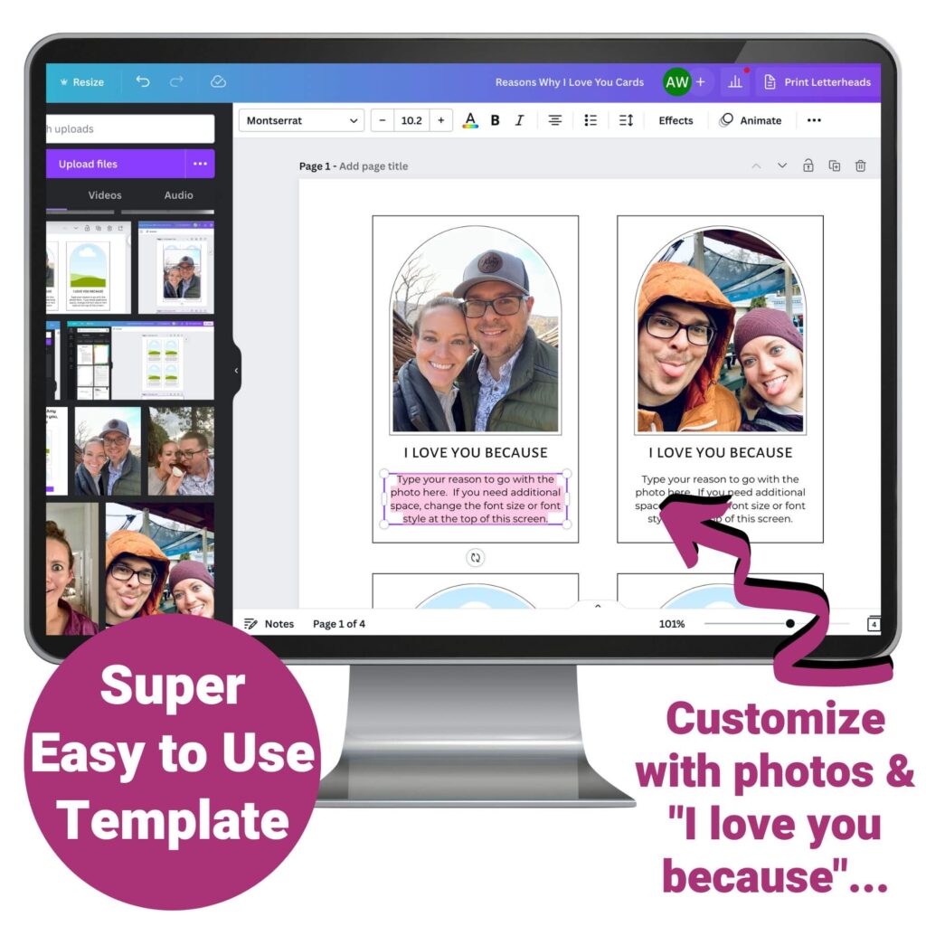 computer screen mockup showing Canva design program and photo cards template
