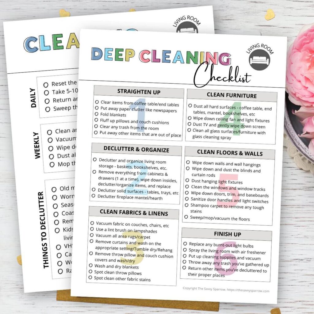 living room cleaning checklists for deep cleaning, daily and weekly cleaning