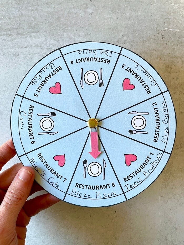 printable game spinner with restaurants for date night