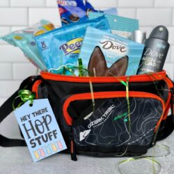 Easter basket for man with a fishing tackle box and blue candy