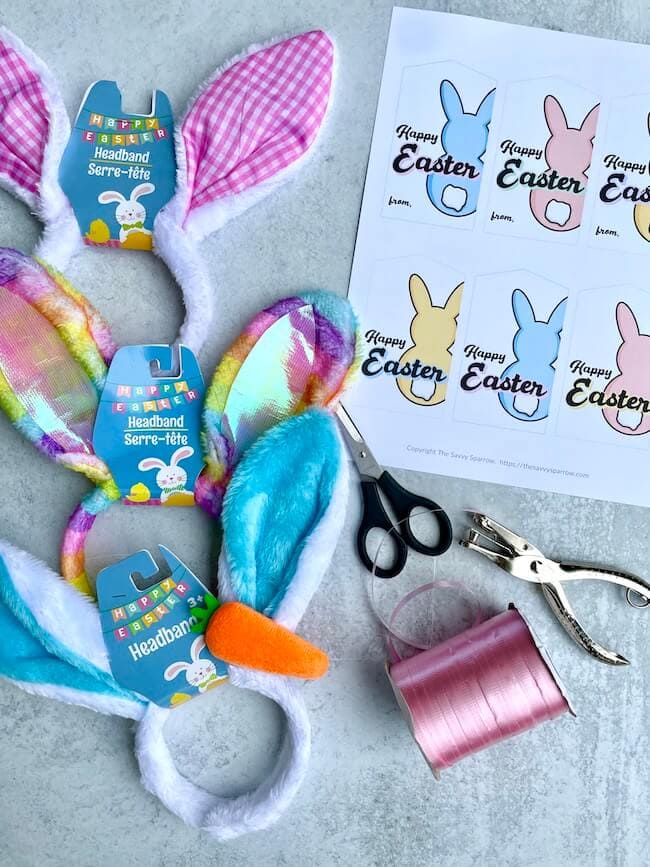printable Easter gift tags, bunny ear headbands, ribbon, scissors, and hole punch